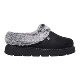 Black Skechers women's slipper with faux suede look, grey faux fur, and thick sole, side view