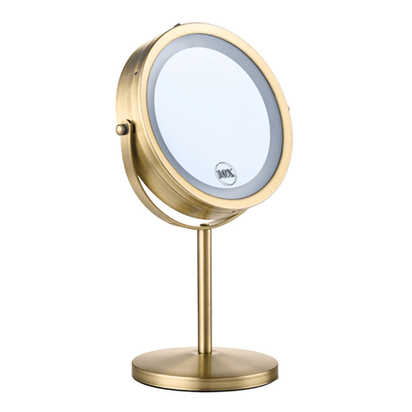 Golden makeup mirror with light and 10x magnification, angled front view on stand
