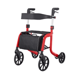 Red Samba rollator seen from front with black seat, backrest, and practical storage bag