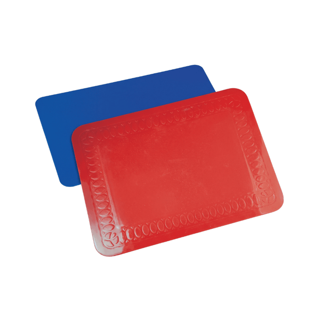 Two non-slip floor mats, one red with texture and one blue, seen diagonally from above
