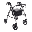 Grey Ibis rollator seen diagonally from front with padded seat, backrest and black textile basket