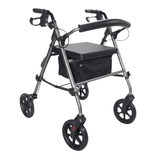 Grey Ibis rollator seen diagonally from front with padded seat, backrest and black textile basket