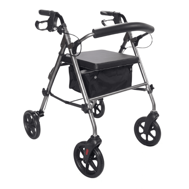Grey Ibis rollator seen diagonally from front with padded seat, backrest and black textile basket