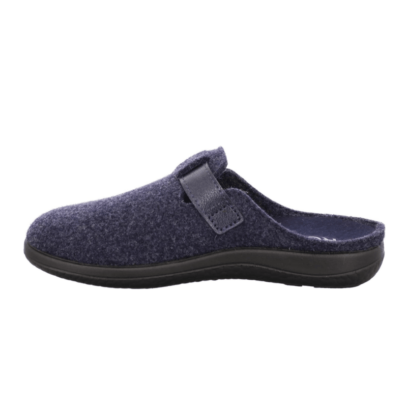 Dark blue Rohde women's felt slipper, side view, with an open heel and adjustable velcro strap