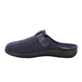 Dark blue Rohde women's felt slipper, side view, with an open heel and adjustable velcro strap