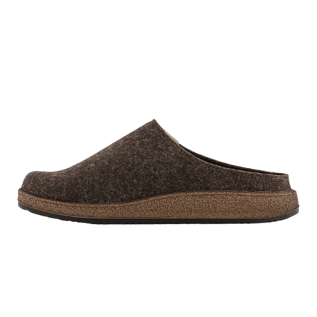 Brown Rohde men's slipper in soft felt material, side view, showing the easy slip-in design
