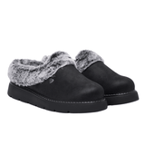 A pair of black Skechers women's slippers with grey faux fur and faux suede look, slightly angled front view