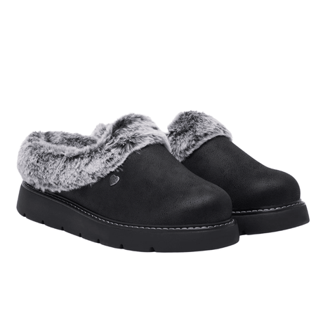 A pair of black Skechers women's slippers with grey faux fur and faux suede look, slightly angled front view