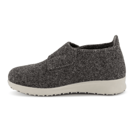 Anthracite grey New Feet women's wool slipper, side view without the velcro strap