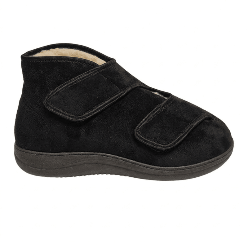 Black therapy shoe with wool lining and two wide velcro straps, side view