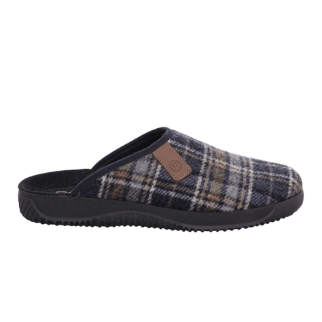 Rohde men's checkered slipper in blue and grey shades with a brown leather patch on the side