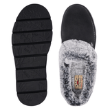Black Skechers women's slipper from above with insole and a sole with pattern from below