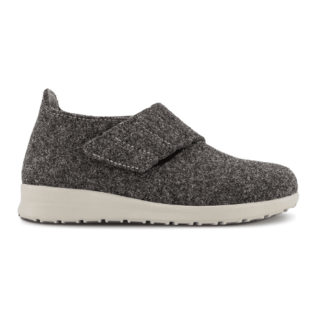 Anthracite grey New Feet women's wool slipper with a wide velcro strap, side view