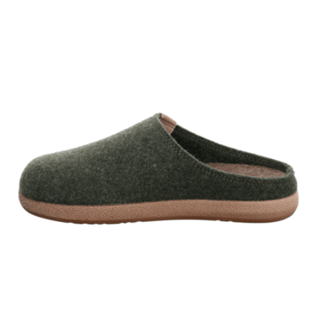 Simple dark green women's felt slipper, side view with beige sole and open back