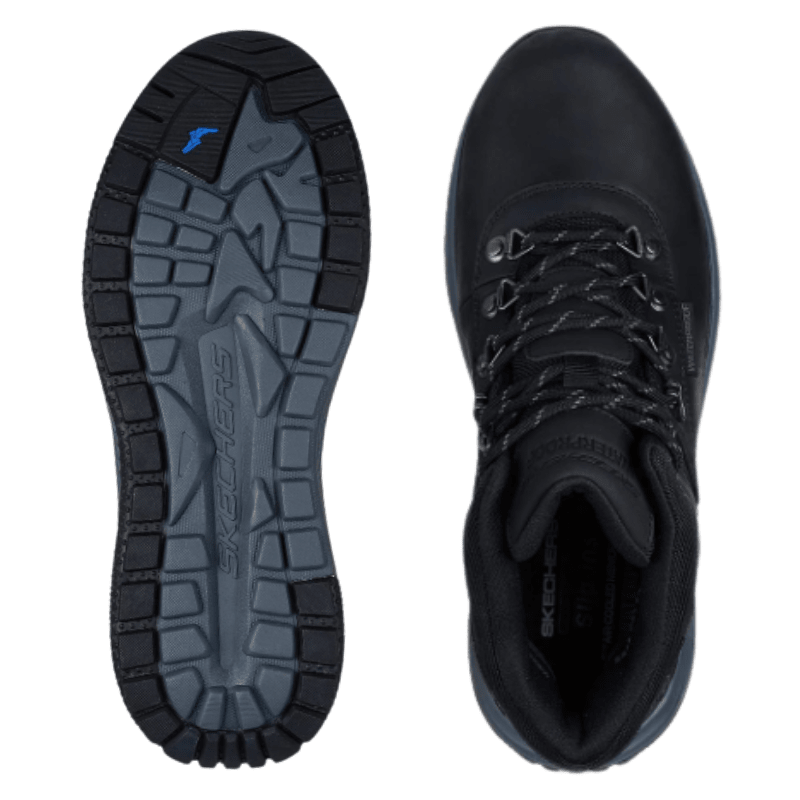 Two black Skechers men's boots, one top view and the other showing the sole pattern