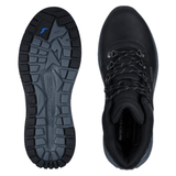 Two black Skechers men's boots, one top view and the other showing the sole pattern