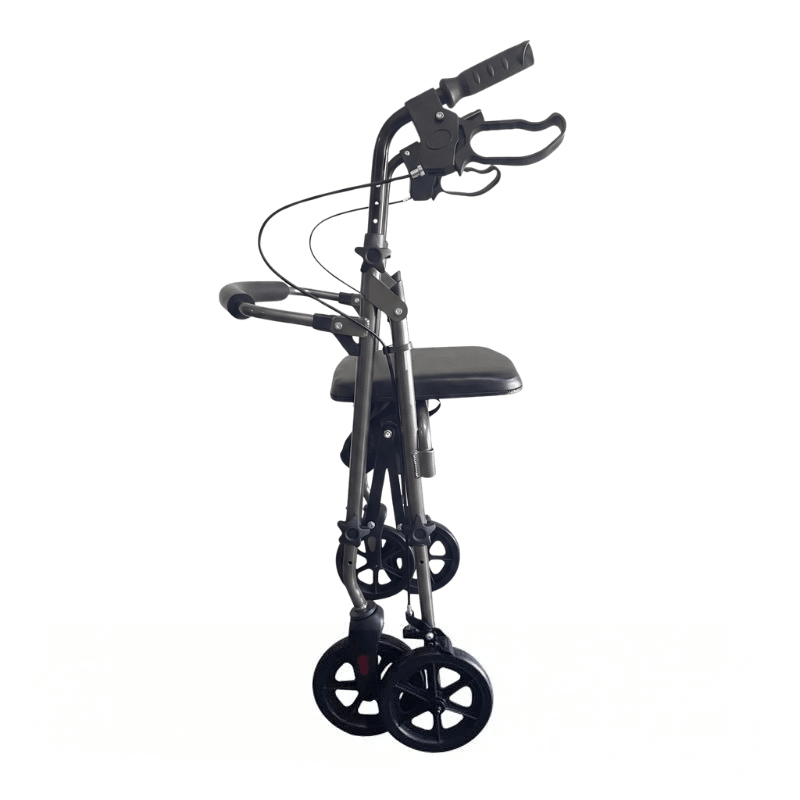 Folded grey Ibis rollator seen from the side, showing its compact design