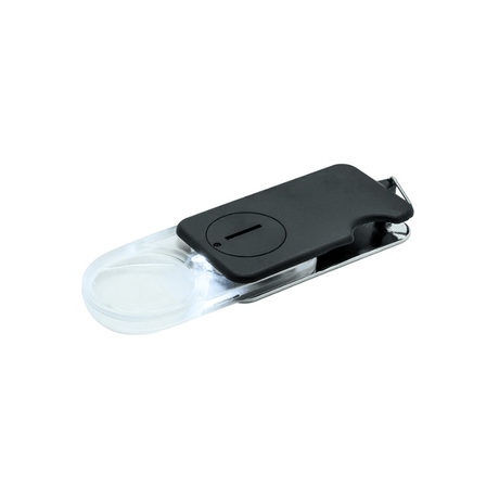 Black foldable pocket magnifier with light, unfolded and on, illuminating the clear 3.5x magnifying lens