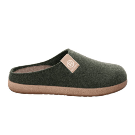 Dark green Rohde women's felt slipper, side view with beige sole and brand logo