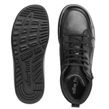 One black New Feet men's boot from above and an outsole with tread pattern and "new feet" logo