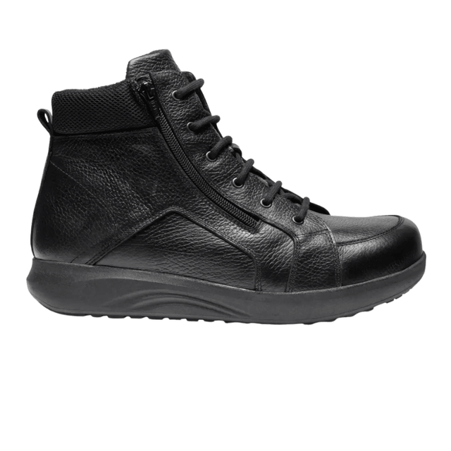 Black New Feet men's boot in smooth calfskin, side view, with laces and zipper