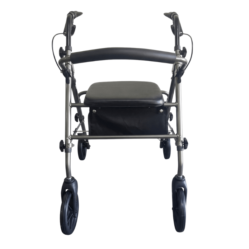 Grey Ibis rollator seen directly from front with black padded seat and backrest