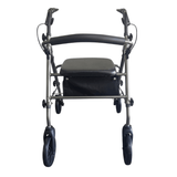 Grey Ibis rollator seen directly from front with black padded seat and backrest