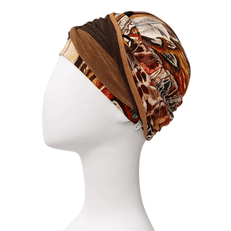 Shakti turban - Tribal Feathers on mannequin, right side view, showing feather print and headband