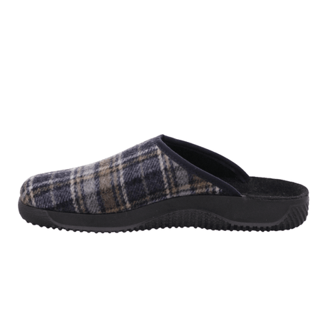 Blue and grey checkered men's slipper from Rohde, side view, with open heel and black rubber sole