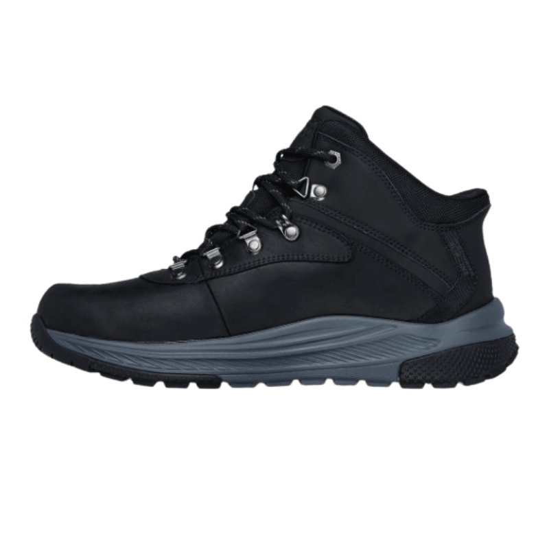 Black Skechers men's boot, right side view, with robust grey sole and laces