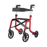 Red Samba outdoor rollator with black seat and backrest, seen from a front angle