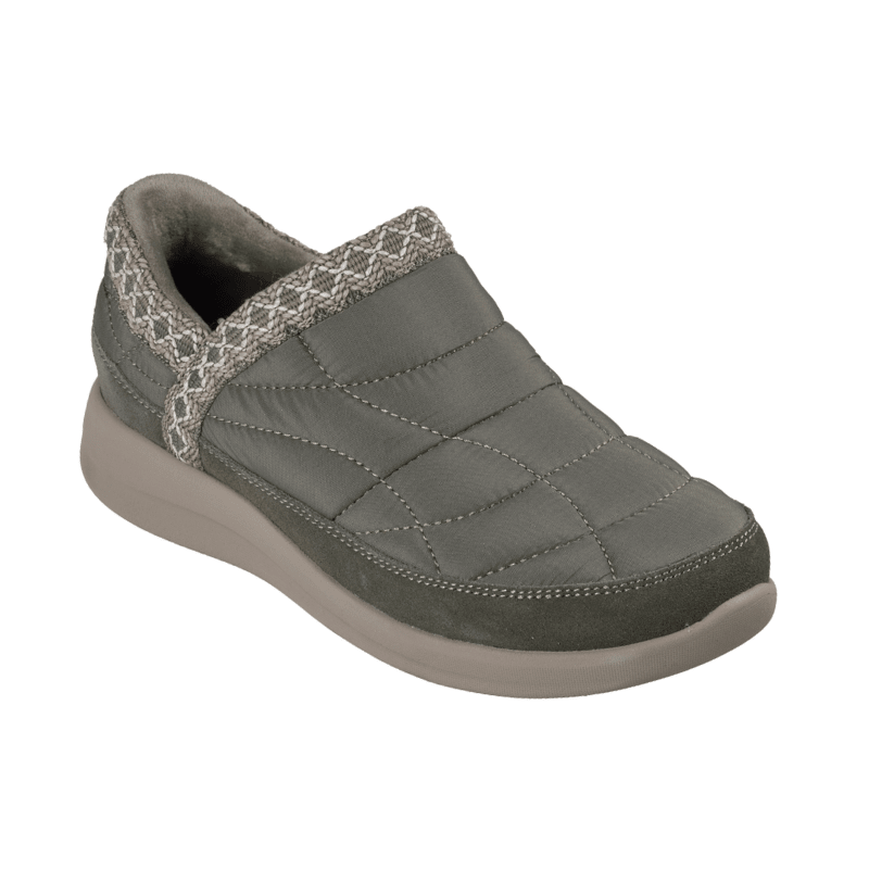 Olive green Skechers women's leisure shoe, angled front view, showing quilted upper and suede details