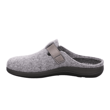 Grey Rohde women's slipper made of felt with an open velcro strap, side view