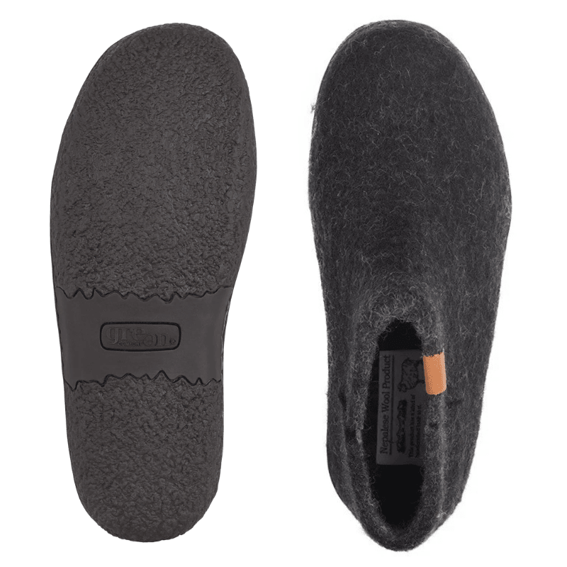 Two black Green Comfort wool felt slippers, one showing the non-slip rubber sole, the other the top