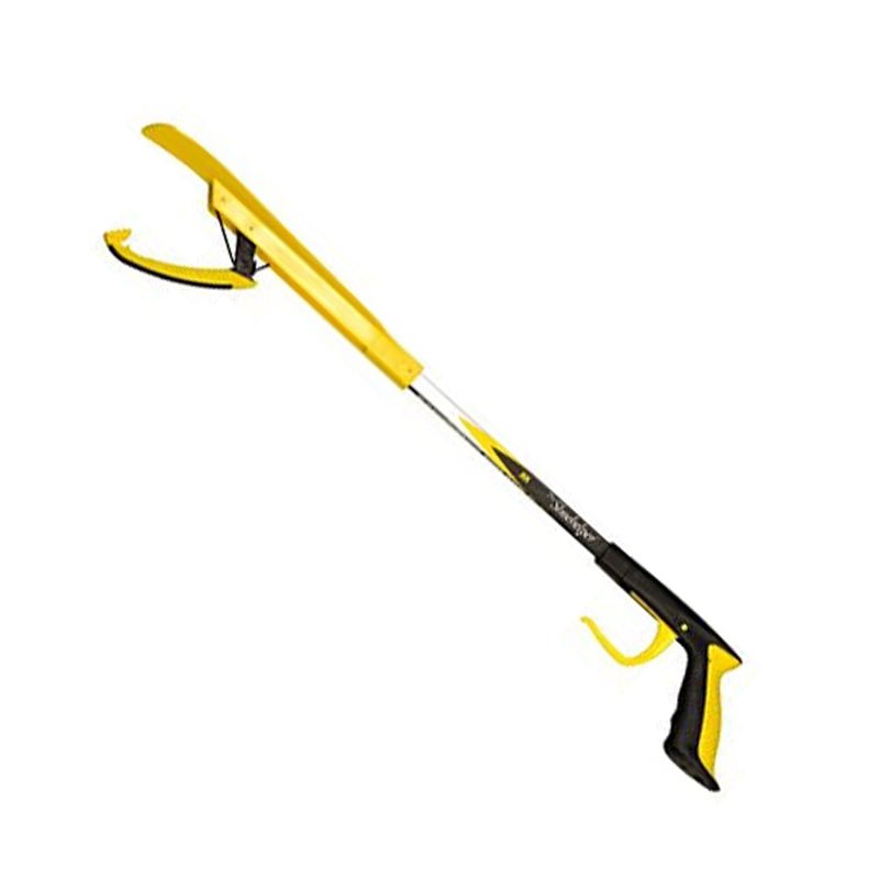Yellow and black grabber tool with an integrated shoehorn from Helping Hand, viewed diagonally from the front